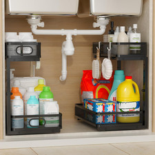 Under Sink Organizer 2 Pack, 2-Tier Slide Out Cabinet Organizer with Metal Slidi