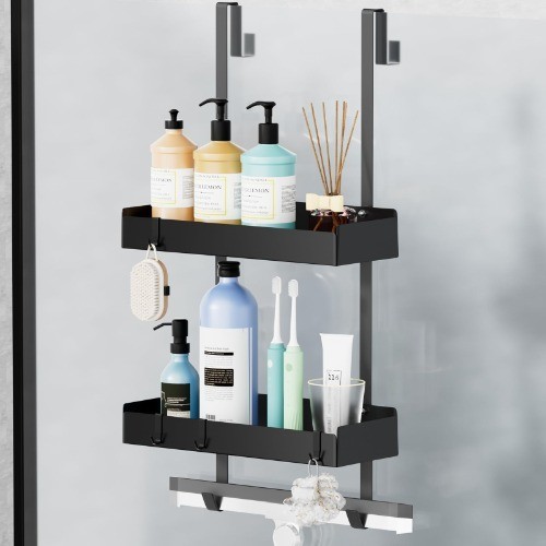 Duschregal Zum HäNgen Schwarz, Duschablage Ohne Bohren Glasdusche, Shampoo...-image