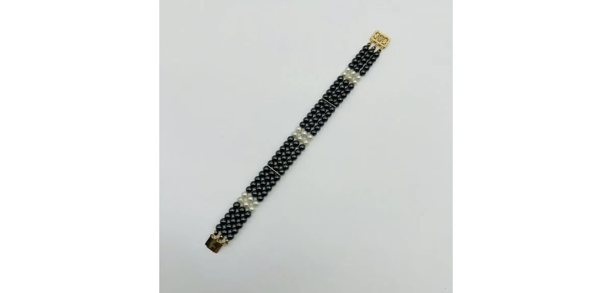 Vintage 14kt Gelbgold Hämatit und Perle 3 Strang Armband 6 3/4"