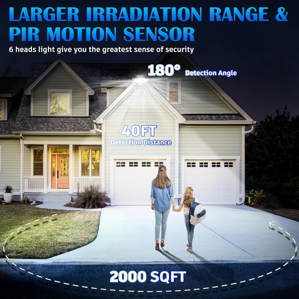 2 Pack Solar Security Light Outdoor 6 head 7000K 3000LM LED Motion Sensor IP65 - Image 3 of 4