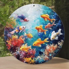 1pc Vintage Metal Wall Art - Round Fish & Coral Reef Aquarium Painting - Turquo