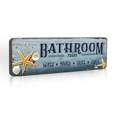 Rustic Beach Themed Bathroom Decor Sign, 16"x5" Blue Wooden Coastal Wall Art ...