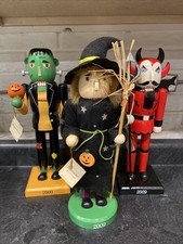 Lot Of 3 Wooden Halloween Nutcrackers Witch Devil Frankenstein Pumpkins LOOK