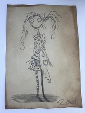 Tim Burton COA Art Painting Original Drawing Vintage Paper Signed