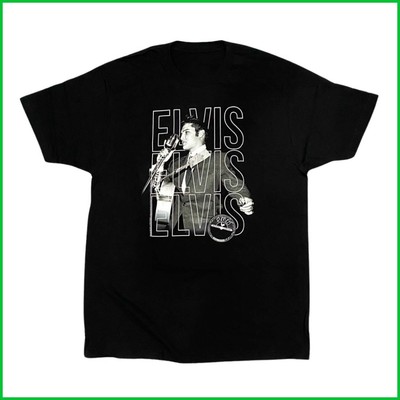 Elvis Presley Repeat T-Shirt Short Sleeve Cotton Black S-3XL