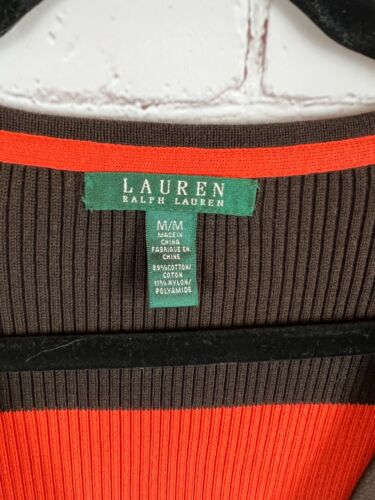 LAUREN RALPH LAUREN brown orange white striped button down cardigan sweater M - Picture 2 of 5