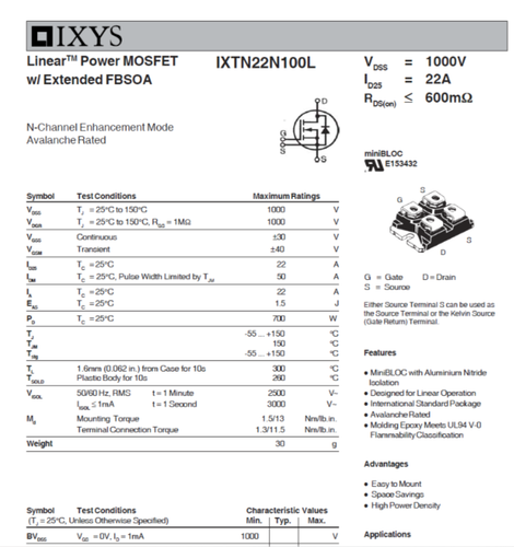IXYS IXTN22N100L Linear Power MOSFET Semiconductor Module 100V Chassis Mount NEW - Picture 5 of 5