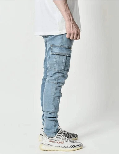 Men Skinny Jeans Stretch Slim Fit Pants Bike Jeans Cargo Pants Pockets Ripped - Picture 6 of 17