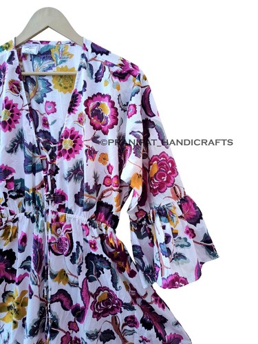 Indisch Baumwolle Blumenmuster Blouson Strandbedeckung Weiß Sommer Party Kleid - Picture 2 of 6