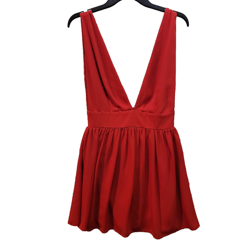 NWT Woman Sleeveless Deep V Skater Dress Short Bow Tie Back Red Size Medium