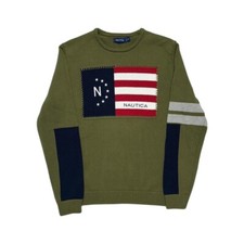 Nautica Knitted Sweater Flag Intarsia Olive