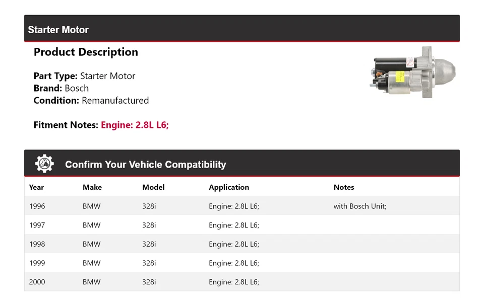 Arranque Bosch 2,8 L L6 1996-2000 BMW 328i 2,8 L (remanufacturado) 1997 1998 1999 Foto 2 de 4