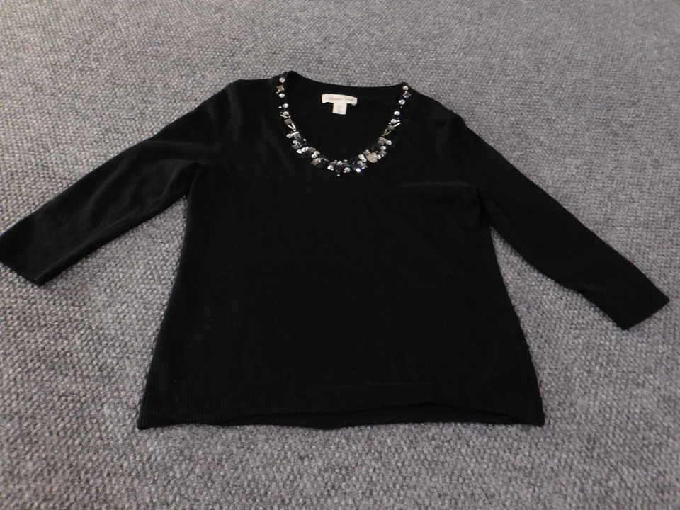 Coldwater Creek Suéter XS Negro Gemas Adornos Jersey Algodón Viscosa Foto 3 de 4