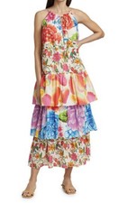 Farm Rio Anthropologie White Mixed Prints Tiered Maxi Dress Halter M NWT