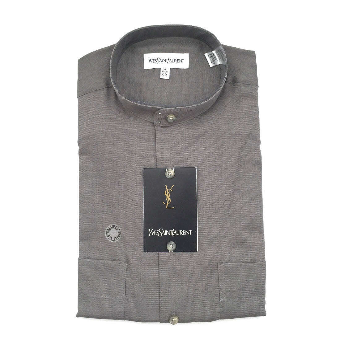Abito camicia Yves Saint Laurent YSL vintage con bottoni colletto a fascia 16 grigio nuovo con etichette