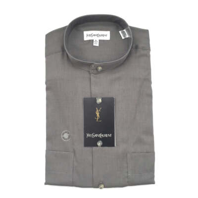 NWT Yves Saint Laurent YSL Vintage Button Down Dress Shirt Band Collar 16 Gray