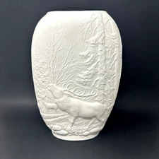 Royal KPM Bavaria White Bisque Vase Winter Scene W/Elk Porcelain Germany  11"