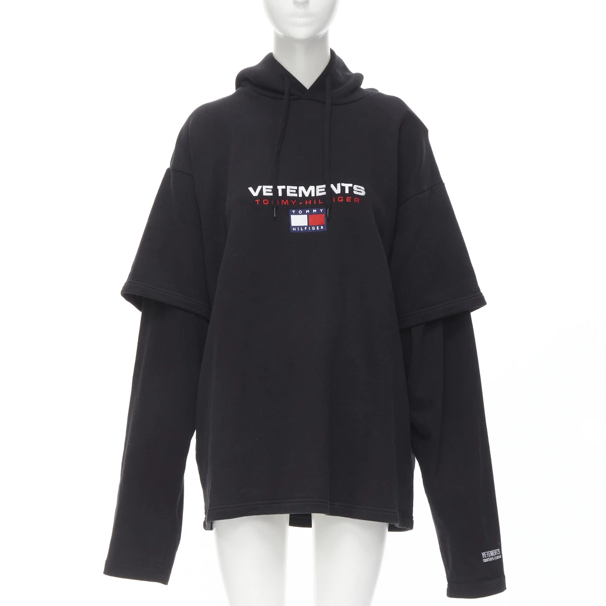 VETEMENTS TOMMY HILFIGER Demna 2018 black double sleeve oversized hoodie XS  | eBay