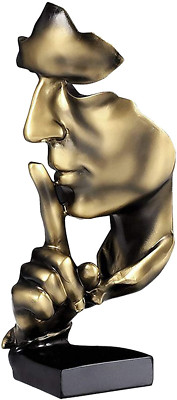 Thinker Statue, Silence Is Gold Abstract Art Figurine, Resin Sculpture, Gold