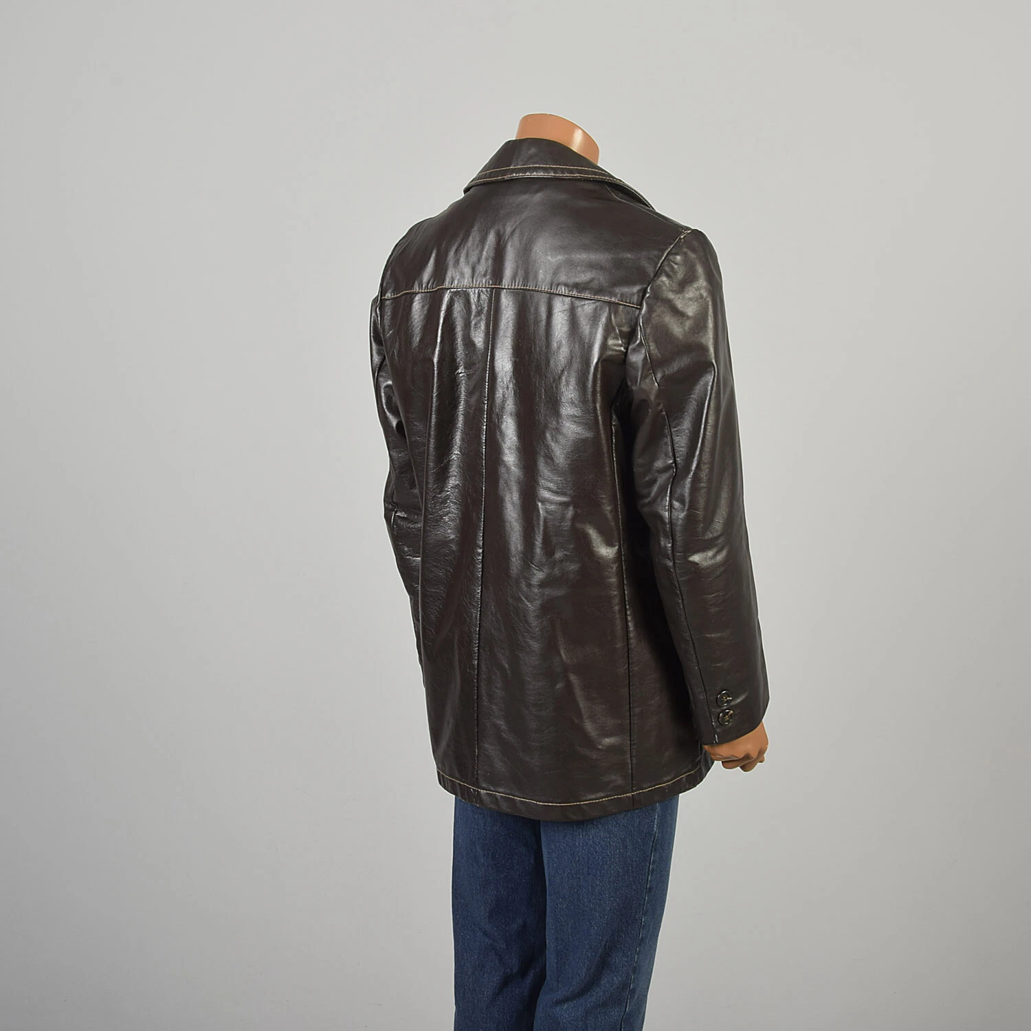  1970s classic leather collared front pockets hip length coat jacket