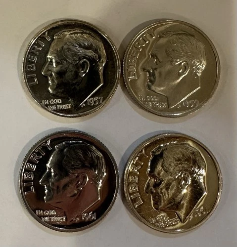 1 X 1957 (P), 1 X 1959 (P), 2 X 1961 (P) Roosevelt Dimes Proof 90% Silver 4 Tota