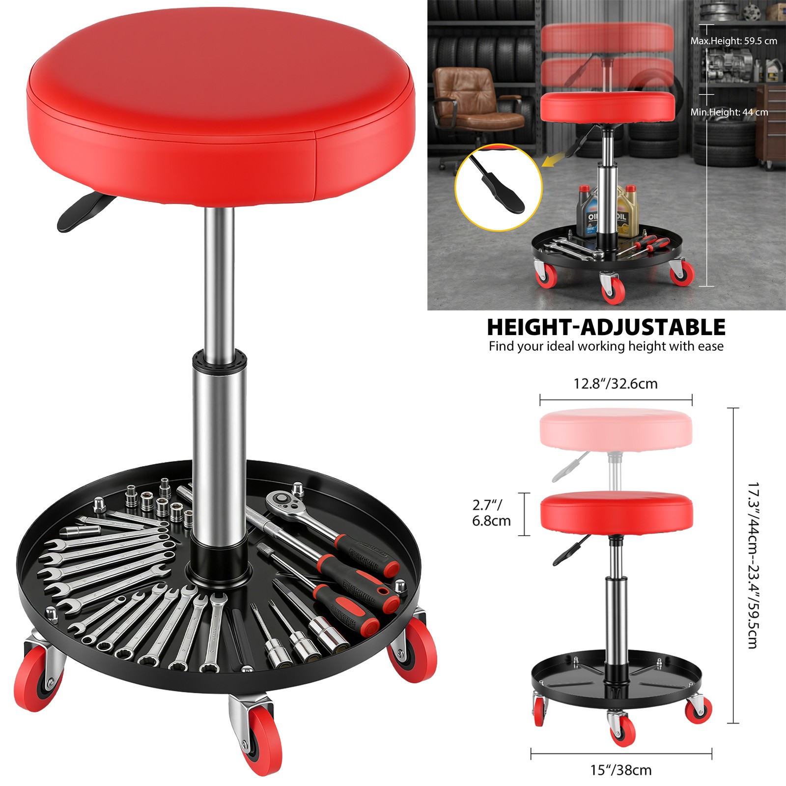 Padded Mechanics Creeper Seat Trolley with Tool Tray & Swivel Castors - Image 18