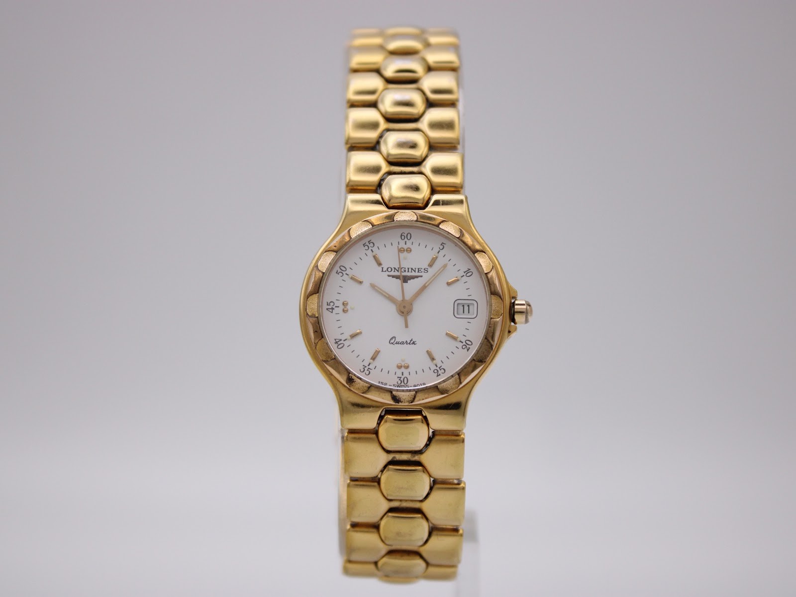 Longines Conquest ladies quartz watch, gold tone steel bracelet, 1990s vintage,