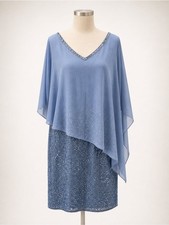 J Kara Beaded Cocktail Dress Sheer Capelet Overlay V-Neck Dusty Blue Size 18 NWT
