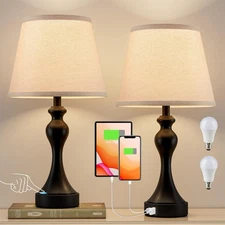 Bedroom Lamps Set of 2-Bedside with USB A+C Ports, 3 Way Dimmable Table for