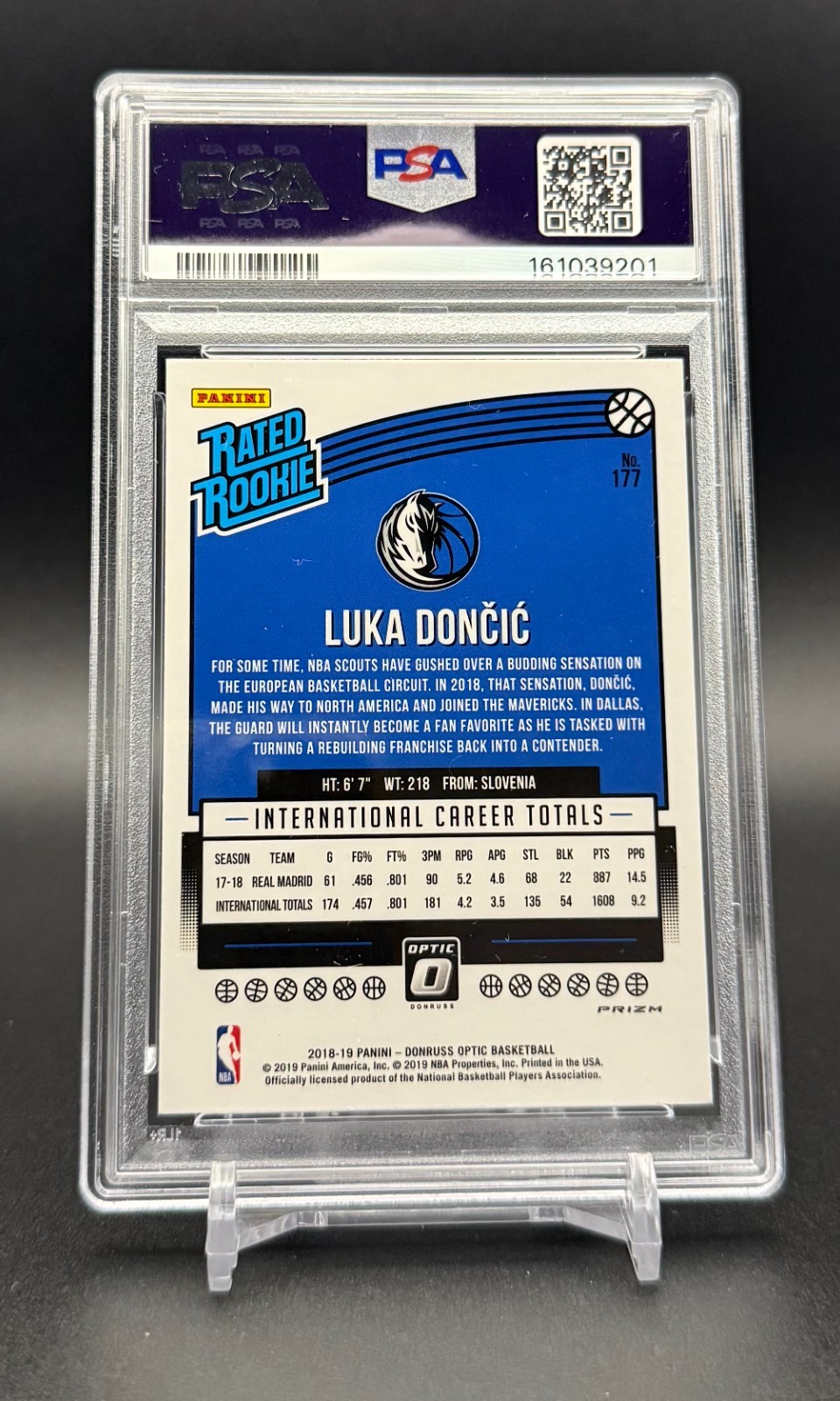 LUKA DONCIC  2018-19 Donruss Optic RATED ROOKIE BLUE VELOCITY PRIZM #177 - PSA 9 view 2