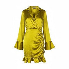 Women’s Boohoo Ruched Satin Long Sleeve Dress Chartreuse Size 8