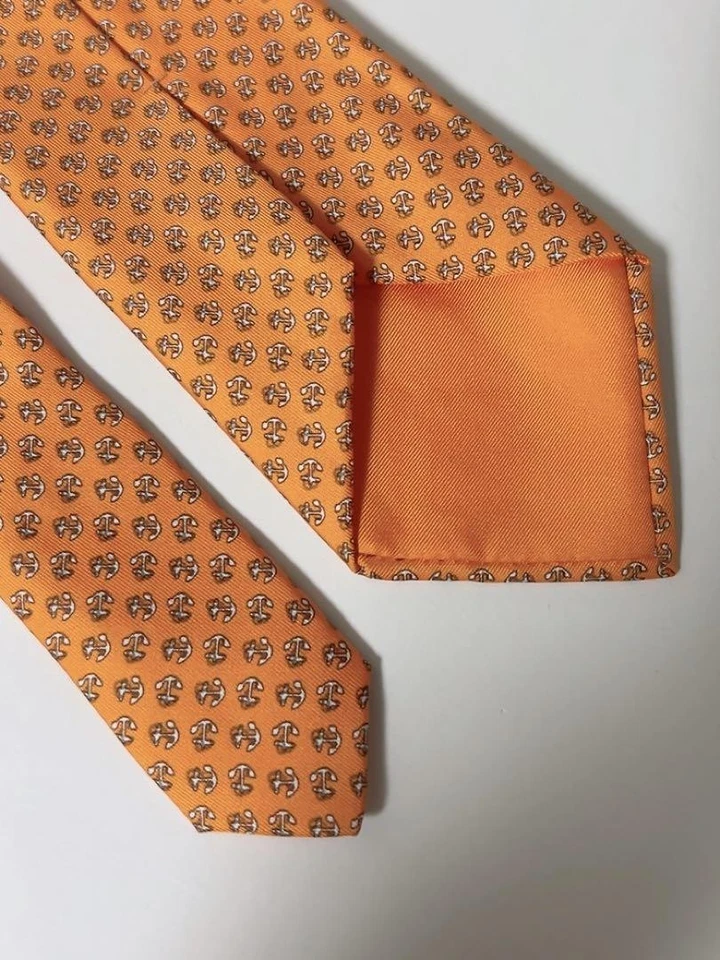 HERMES New Unused Neck Tie Orange White Scallion 100%Silk Made in France - Image 4 of 4
