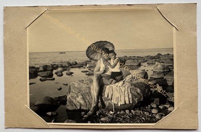 orig. Photo Beach Mother Child Boy Parasol Circa 1920