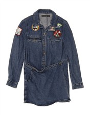 ZARA Womens Graphic Long Sleeve Denim Dress UK 14 Medium Blue Cotton DM01