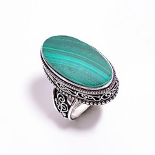 Natural Malachite Gemstone 925 Sterling Silver Ring 8 US Trendy Handmade Jewelry