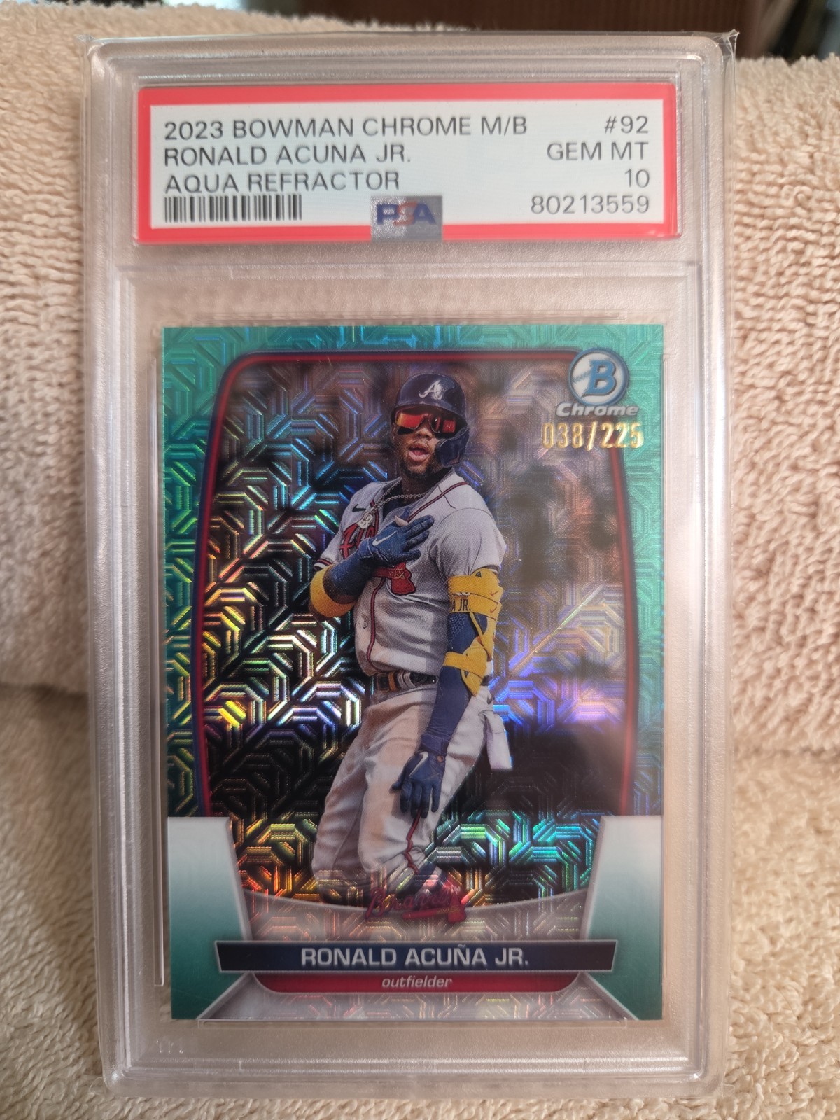 2023 Bowman - Ronald Acuña Jr. #92 Chrome Aqua Mojo Refractor /225 PSA 10 view 3