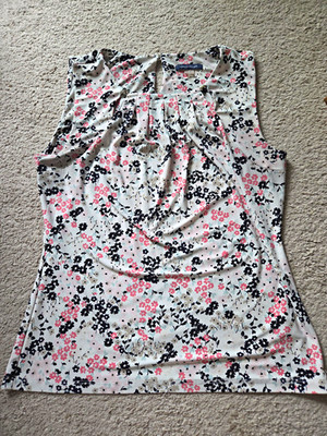 Tommy Hilfiger White/Pink/Black/Beige Floral Ruched Cowl Neck Tank Top M
