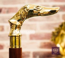 Walking Stick Dog Head Handle Brass Wooden Victorian Foldable Cane Collectible