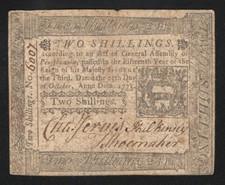 October 25, 1775 2 shilling Pennsylvania Colonial Currency PA-187 October 25, 1775 2 shilling Pennsylvania Colonial Currency PA-187