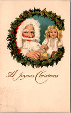 c1900 Old Christmas Card, Santa Claus with Doll Vintage