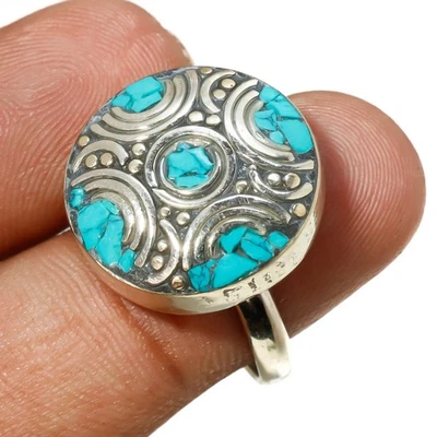 Bague réglable pierre précieuse turquoise argent tibétain bijou ancien... - Photo 1/4