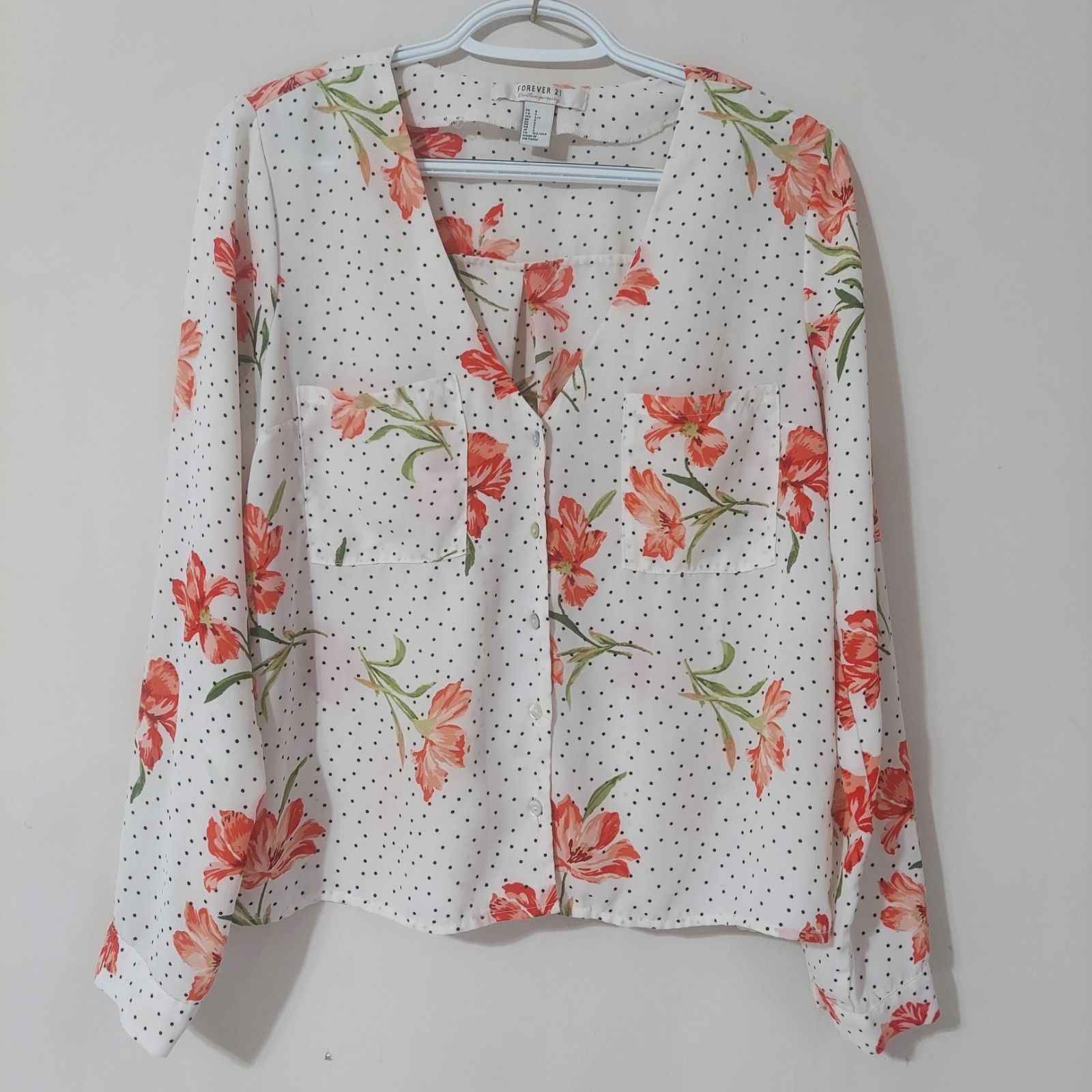 Forever 21 Women's Long-sleeve Floral Polka Dot V-neck Top Size Small
