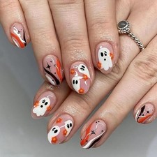 Halloween Press on Nails Short Oval White Cute Ghost Flower Design, H Nails 8