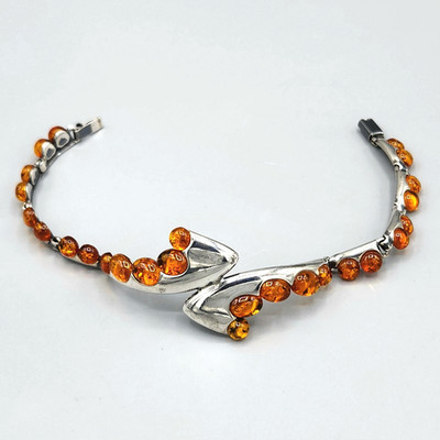 Unique Modernist Baltic Amber Stud Sterling Silver Bypass Link Bracelet 7'' 14.2g