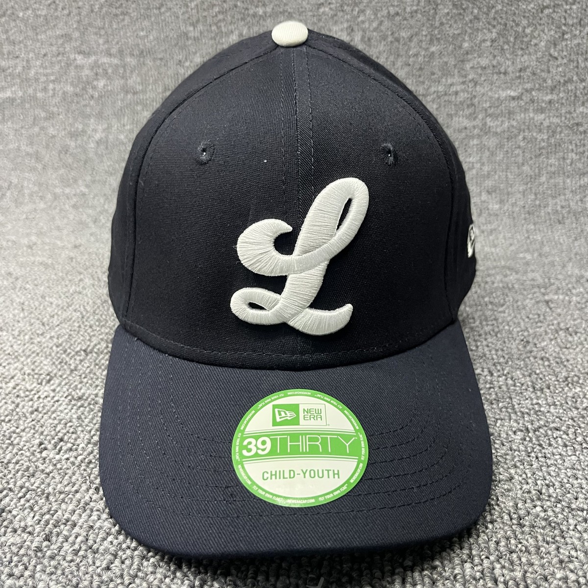 New Era 39THIRTY Youth Hat Black White Script L Stretch Fit Baseball Cap