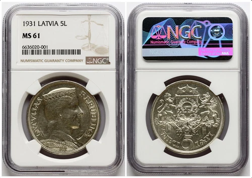 1931 Latvia Silver 5 Lati coin NGC MS 61