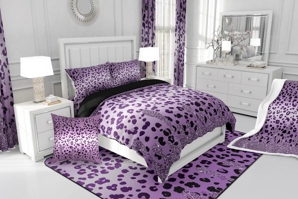 Juego de cama de vida silvestre guepardo africano tamaño king, bling moderno púrpura negro edredón... Foto 3 de 4