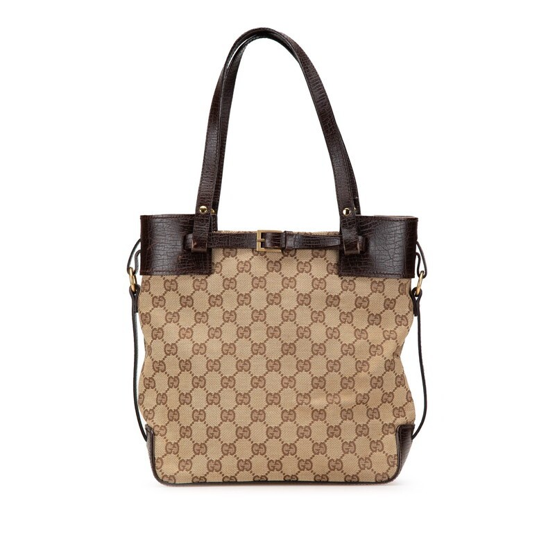 Gucci GG Canvas Tote Bag in Beige Brown for Women with Leather Accents