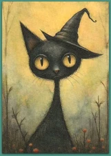 ACEO 2.5x3.5 watercolor painting - cat witch kitten whimsical fantasy surreal