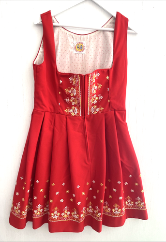 LICHT TRACHTENHAUS Vtg Red Floral Embroidered Dirndl Dress Pleats Zipper Size XL